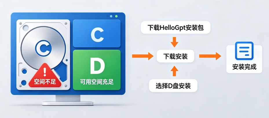 HelloGpt下载时提示“存储空间不足”？换个盘安装就行